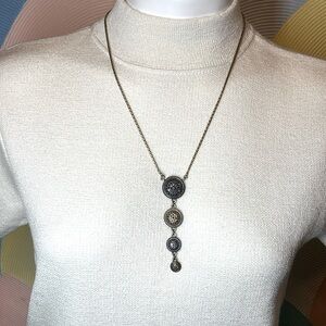 Lucky Brand Metallic Gray Gold Rhinestone Long Y Drop Necklace 26"